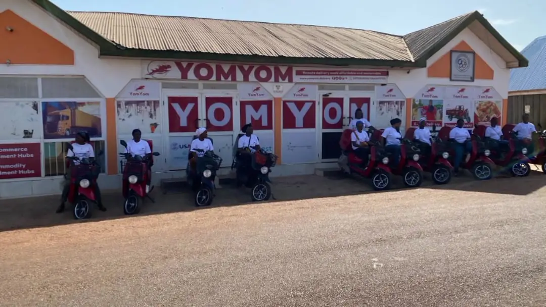 YomYom office with the e-bike fleet and riders outside
