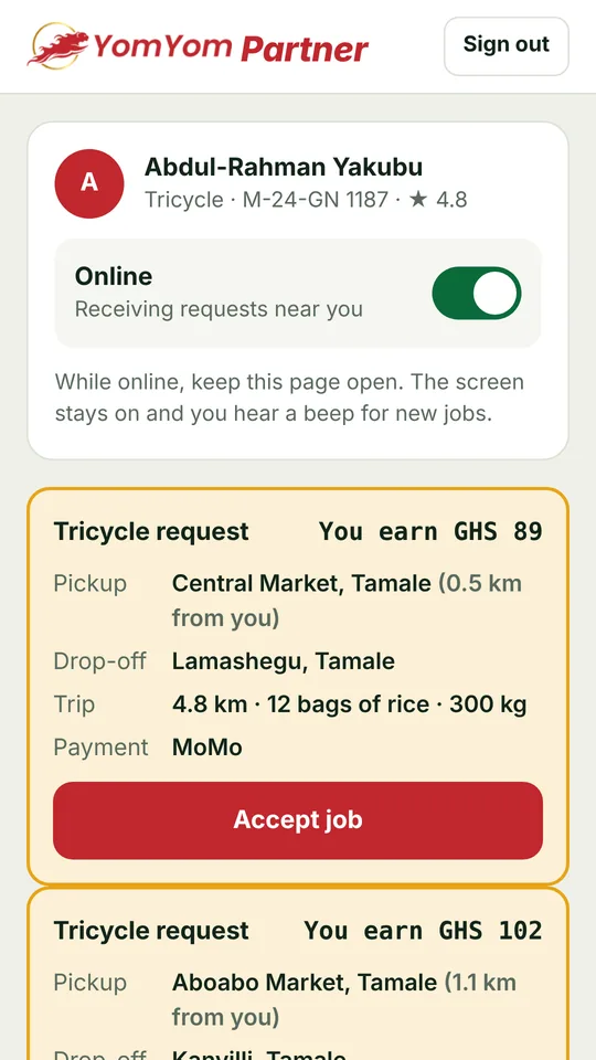 YomYom Partner screen: Online and receiving jobs
