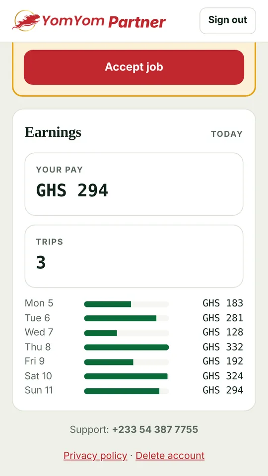 YomYom Partner screen: Earnings